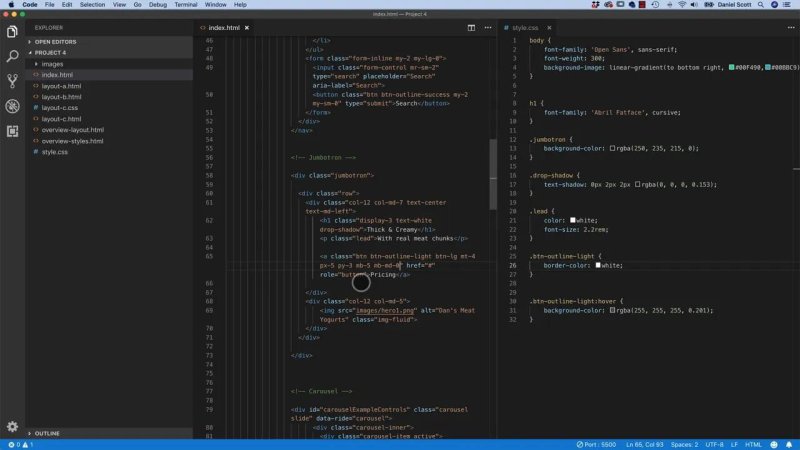 Visual Studio Code editor displaying HTML markup in index.html with Bootstrap grid classes and button utilities on the left, next to custom CSS declarations in style.css on the right defining body gradients, font families, and hover effects.