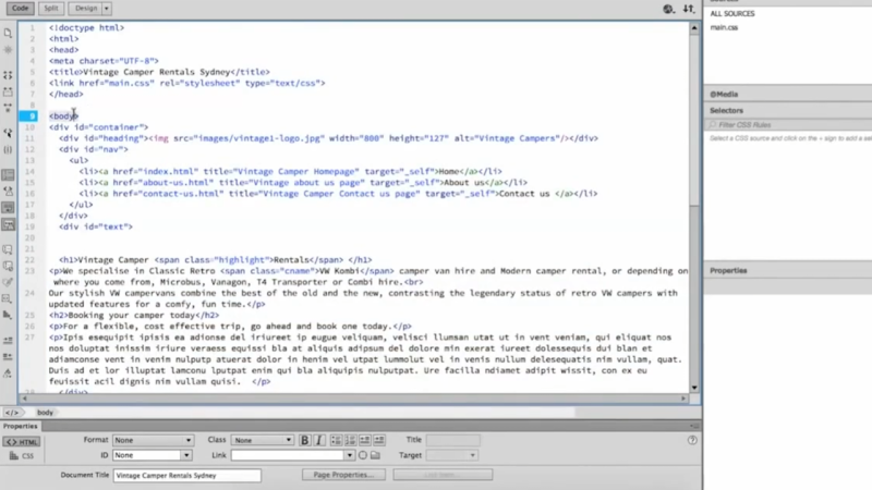 Dreamweaver CC workspace showing the Code view with HTML tags for a Vintage Camper Rentals Sydney webpage, highlighting the opening body element.