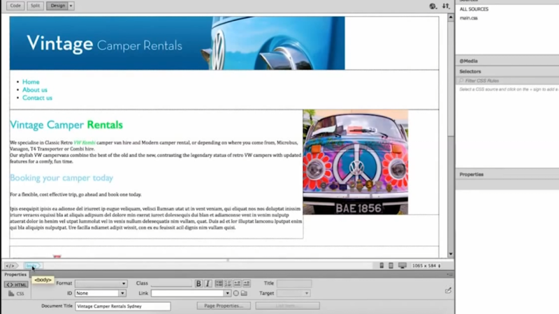 Dreamweaver Design view displaying the unstyled webpage layout featuring a blue VW camper banner, text content, and a hippie van photo, with the body tag active in the lower breadcrumb bar.