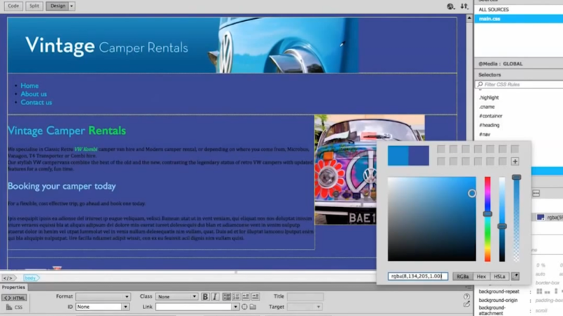 Dreamweaver CC interface displaying the CSS Designer panel with a color picker modal applying a vibrant blue background fill across the page canvas.