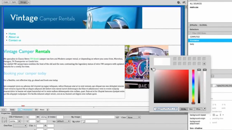 Dreamweaver workspace showing the color picker open over the layout, selecting pure white under the container CSS rule while leaving the outer page background blue.