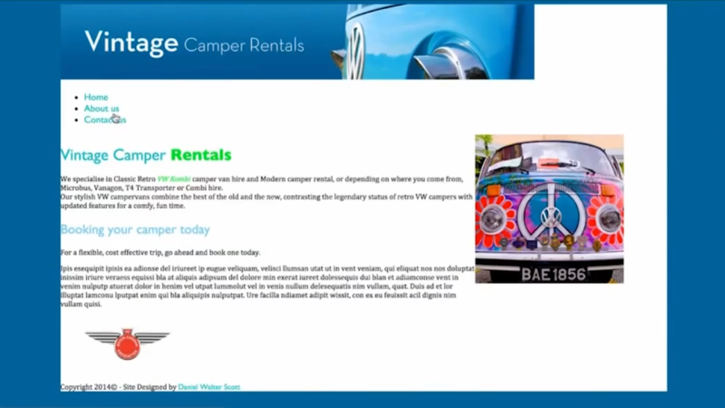 Final browser preview of the Vintage Camper Rentals layout, showing a crisp white central column container framed by a solid blue border along the outer edges.