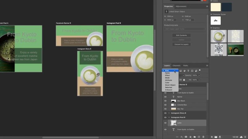 Adobe Photoshop workspace displaying multiple social media artboards for a matcha campaign (