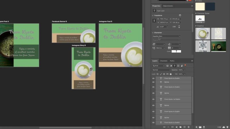 Photoshop Layers panel filtered by Kind (Type tool icon) to select all headline text layers simultaneously across artboards, updating their typeface globally to 