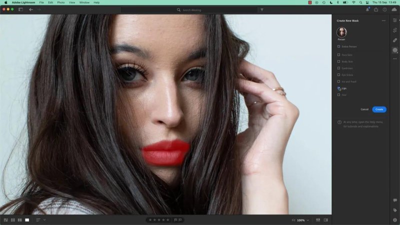 Close-up portrait of a woman in Adobe Lightroom, with a bright red selection overlay highlighting her lips and the 
