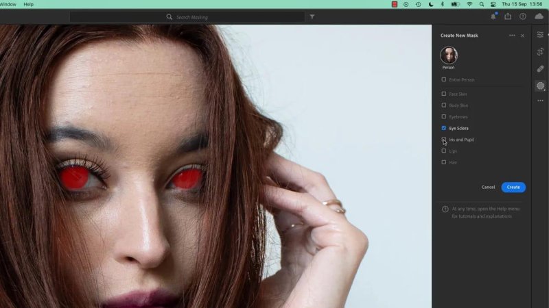 Close-up of the woman's face in Adobe Lightroom with a red mask overlay covering both eyes, while the Create New Mask dialog shows Eye Sclera selected.