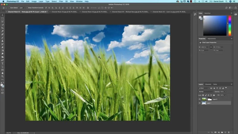 Full-color image in Photoshop showing vibrant green wheat blades cleanly masked in front of a blue sky with fluffy white clouds, with the layer mask visible in the Layers panel.