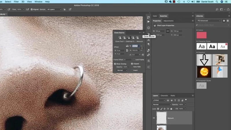 The Clone Source panel gives you the angle control needed to make sampled detail follow a curved edge.