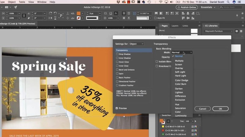 nDesign document with the Effects dialog box open to Transparency settings, expanding the blend mode dropdown menu over a 