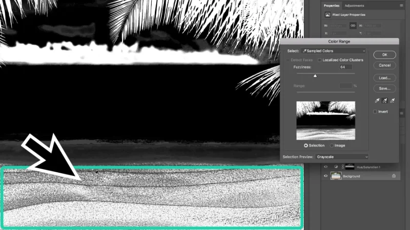 color range selection preview in grayscale mode  in adobe photoshop