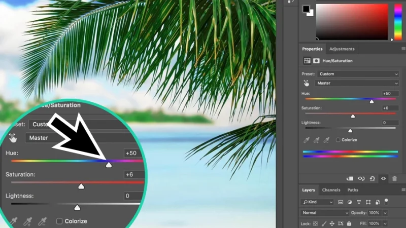 hue adjustment slider magnified in adobe photoshop