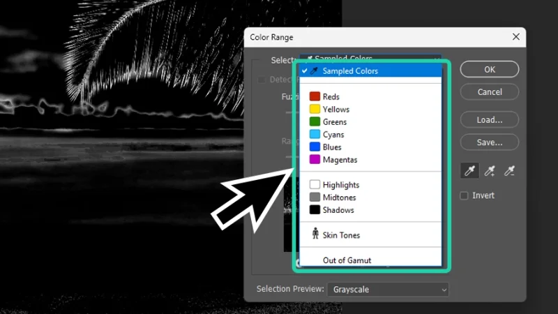 drop-down menu with color range select presets in adobe photoshop