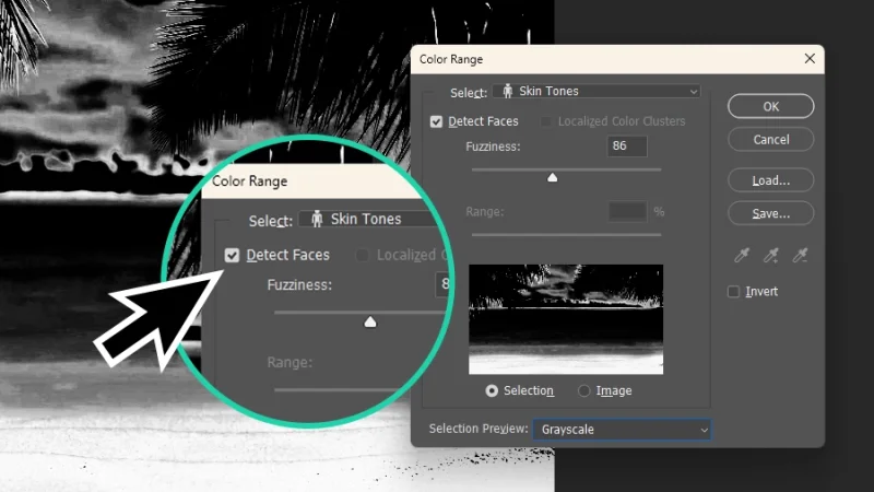 Detect Faces magnified on color range panel in adobe photoshop