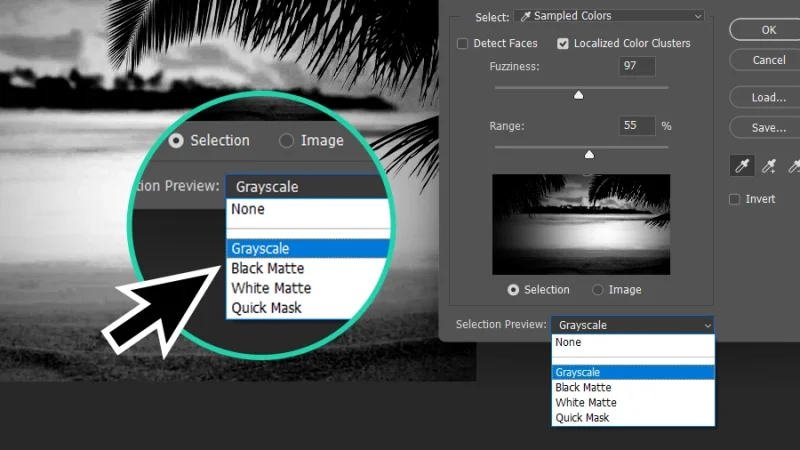 selection preview modes magnified from color range panel in adobe photoshop