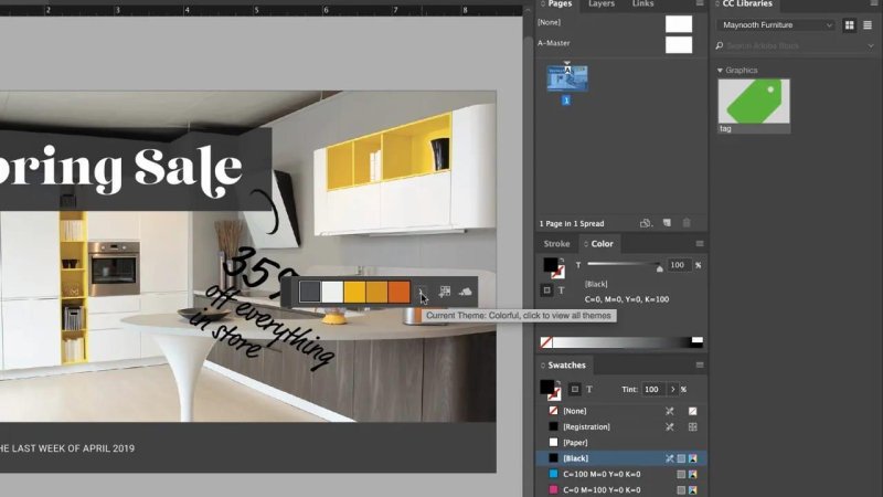 nDesign workspace showing the floating Color Theme palette set to the 