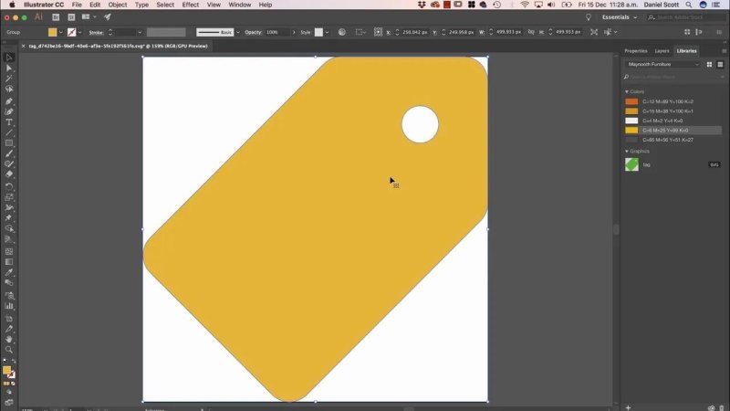 Adobe Illustrator workspace editing an SVG sale tag graphic, changing its fill color to a warm yellow sampled from the CC Library palette.