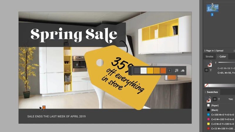 InDesign workspace showing the updated yellow sale tag placed in the layout, with the Eyedropper tool active and the floating Color Theme panel visible.