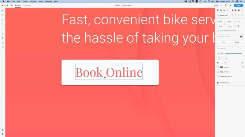 Close-up of Adobe XD interface zoomed in to 600% on a coral-red background, showing the bounding box around serif text reading 