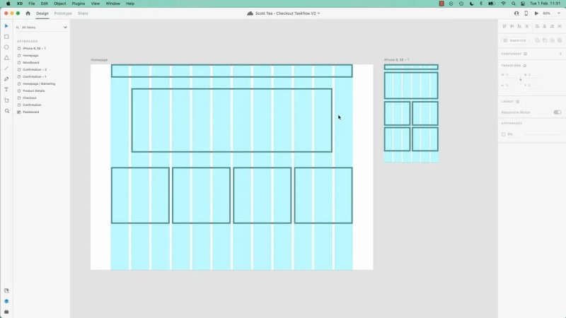 Adobe XD canvas showing wireframe layout cards aligned to column grids across two artboards: a widescreen desktop layout on the left and an iPhone 8 mobile layout on the right