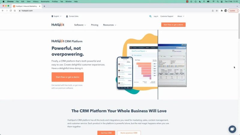 Web browser view of the HubSpot CRM homepage featuring marketing copy and CTA buttons on the left half, paired with app UI mockups over abstract shapes on the right
