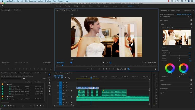 Premiere Pro Program Monitor displaying a top-and-bottom horizontal split comparison (