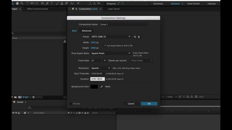 After Effects interface showing the Composition Settings modal window open over an empty dark workspace