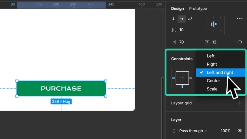 applying left and right constraint rule to purchase button in figma