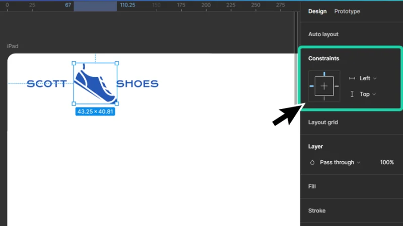shoe vector graphic constrained to the frame top and left edges in figma