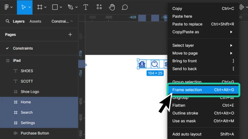 using frame selection command to group icons inside a new frame in figma