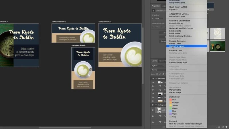 Photoshop interface displaying multiple social media artboards featuring matcha latte graphics, with an open right-click context menu highlighting the 