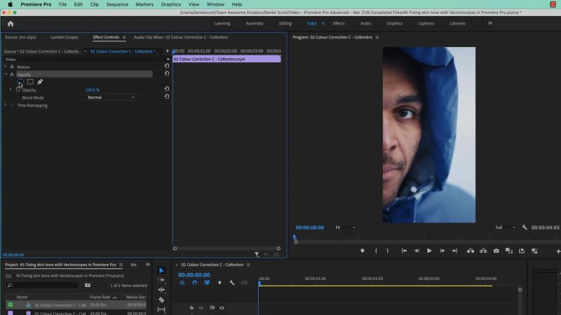 Premiere Pro Effect Controls panel selecting an opacity ellipse mask to isolate a subject's skin tone for color correction.