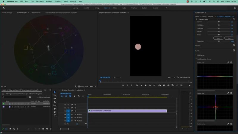 Premiere Pro Color workspace displaying a circular Vectorscope on the left, a masked skin tone patch in the center Program Monitor, and Lumetri Color curve adjustments on the right.