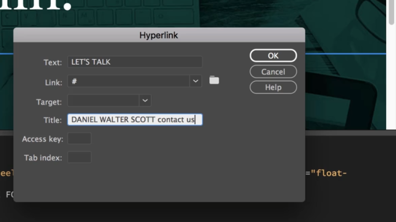 Dreamweaver Hyperlink modal window displaying fields for Text, Link, and Title over a dark code editor workspace.