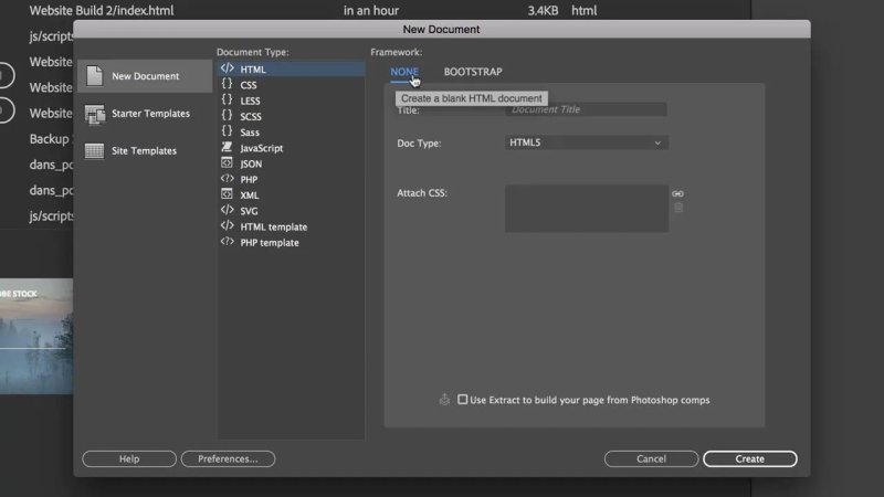 Dreamweaver New Document modal window set to Document Type HTML, Framework None, and Doc Type HTML5 against a dark interface.