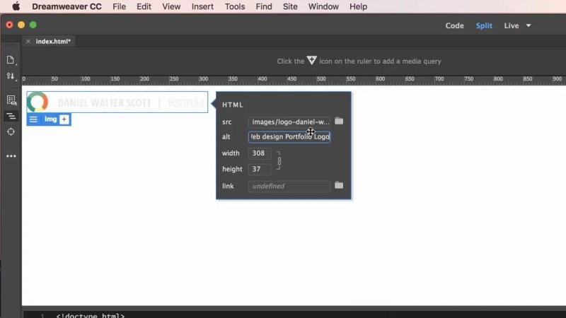Dreamweaver Live View showing an inserted header logo with an active blue tag HUD
