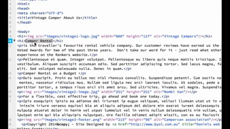 Dreamweaver Code View showing HTML document structure