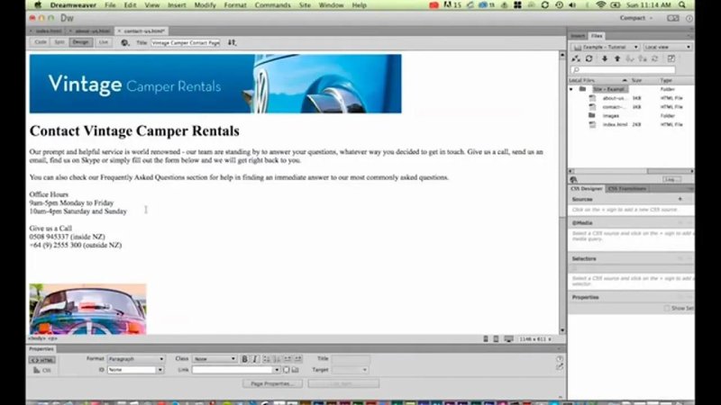 Dreamweaver workspace displaying the contact-us.html page in Design View alongside the local Files and CSS Designer panels.