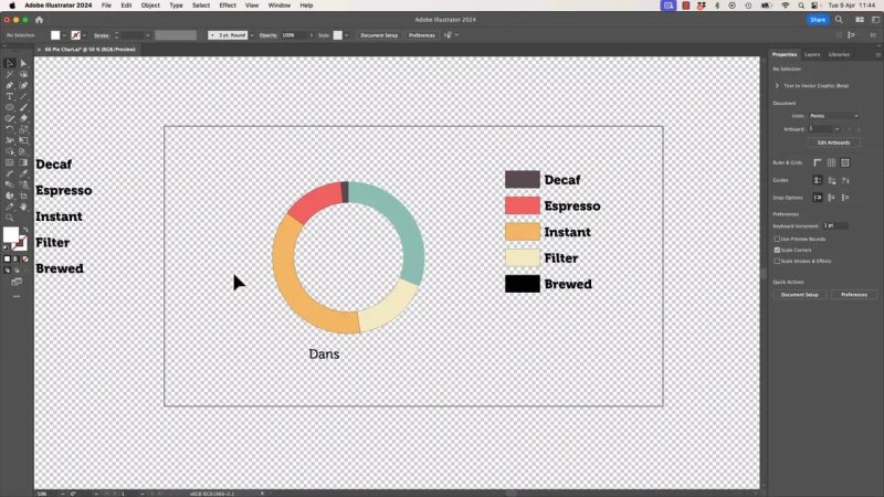 Illustrator artboard with the transparency grid active, showing the recolored pie chart modified into an open ring or donut chart beside the vertical legend stack.