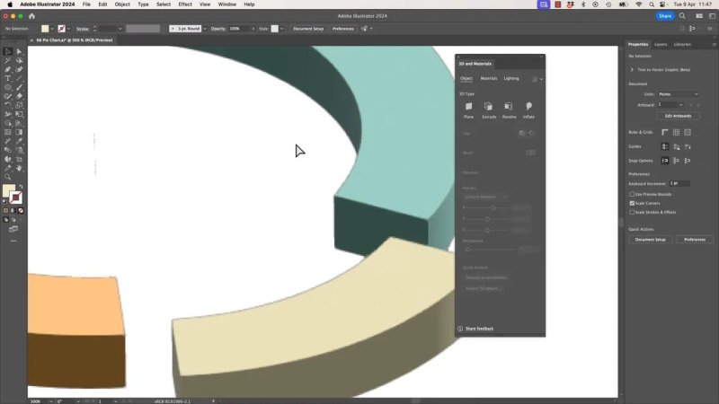 Close-up 300% view of the vector donut chart segments extruded into three-dimensional curved blocks alongside the floating 3D and Materials properties panel.
