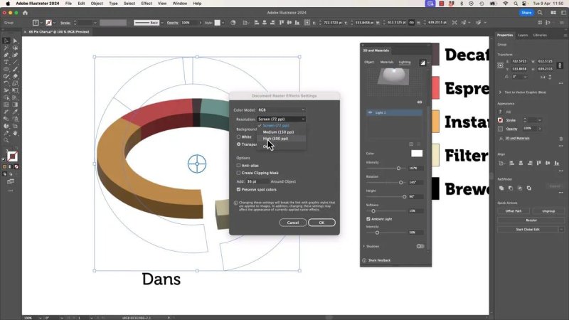 Illustrator workspace displaying the 3D extruded donut chart with lighting controls active in the 3D panel, while the Document Raster Effects Settings modal selects High (300 ppi) resolution.