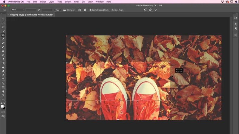 Adobe Photoshop workspace using the Crop Tool with the Rule of Thirds overlay to reframe an overhead shot of red sneakers on autumn leaves.