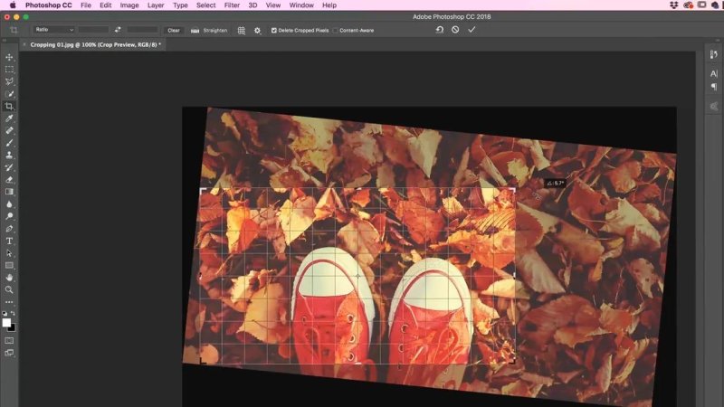 Adobe Photoshop canvas rotating and straightening the image using the Crop Tool with a grid overlay to align the composition.