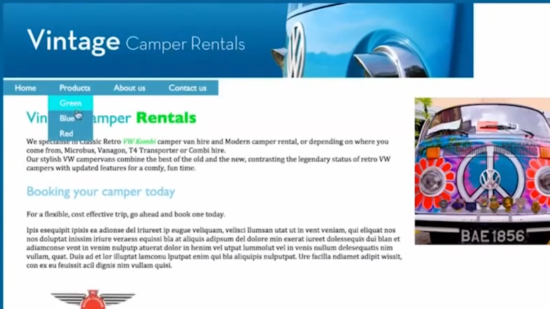 Webpage preview showing a navigation bar with a teal dropdown menu displaying links for 