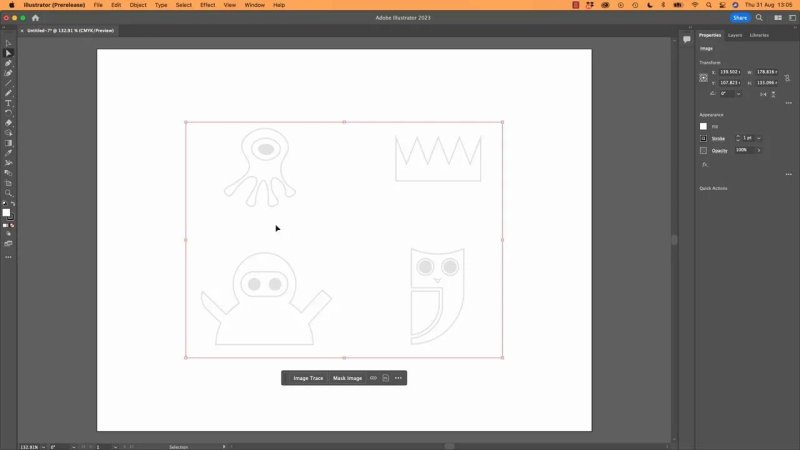 Adobe Illustrator 2023 workspace displaying a placed drawing template with four faint character silhouettes, including an octopus and a crown, ready to use as a backdrop for a vector tracing tutorial.