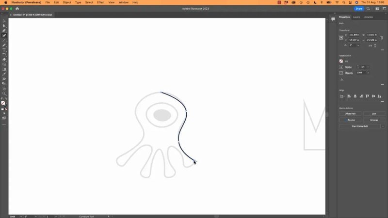 The Curvature Tool in Adobe Illustrator drawing a smooth vector line along the head of an octopus template, showing how the software automatically calculates curves between simple click points.