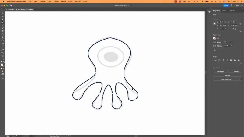 An enclosed outer silhouette path of an octopus character outline completed using the Curvature Tool in Adobe Illustrator, with smooth anchor point nodes wrapping cleanly around organic tentacle shapes.