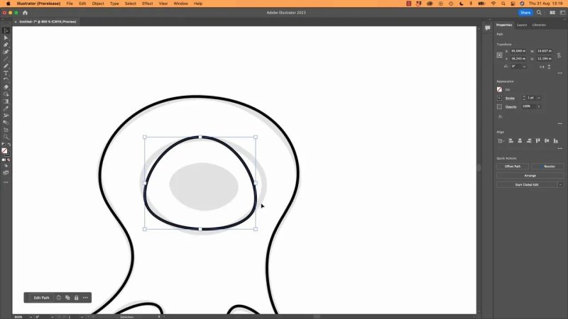 Adobe Illustrator 2023 artboard showing the Curvature Tool creating an inner oval path for a character's eye, highlighting how the tool transitions between wide body curves and tight nested shapes.