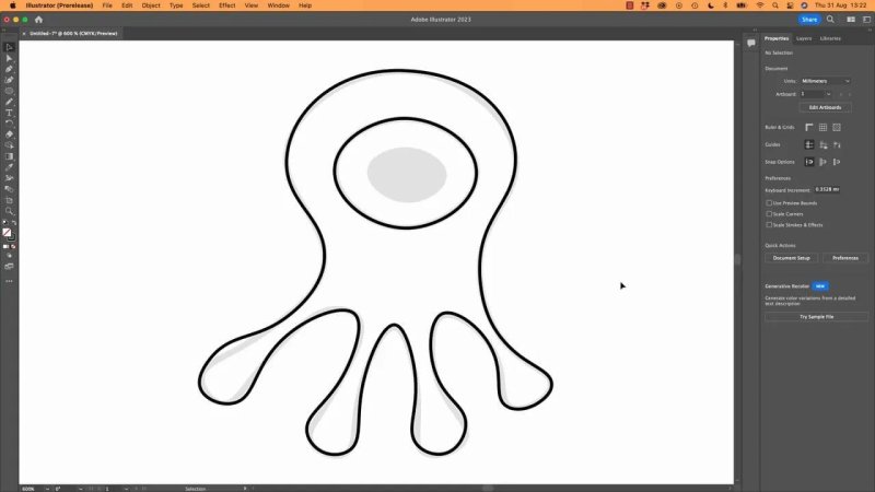 The completed clean vector outline of an organic octopus character design in Adobe Illustrator, showcasing smooth strokes and well-distributed anchor nodes over a faint background template layer.