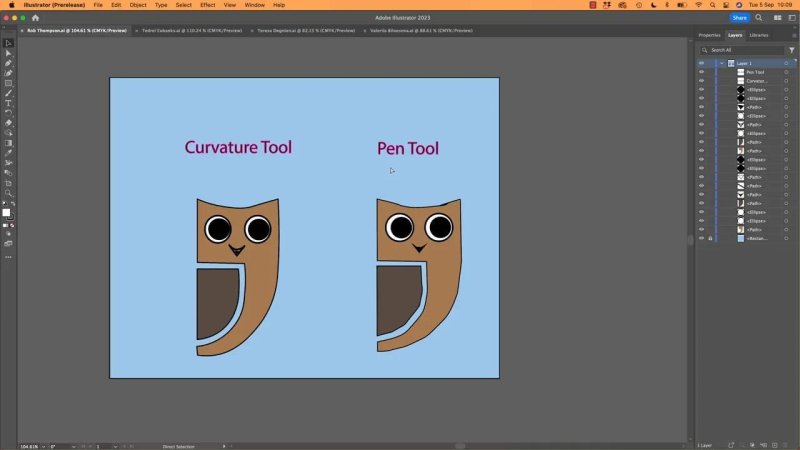 Illustrator workspace displaying two identical brown owl illustrations on a light blue background, labeled Curvature Tool on the left and Pen Tool on the right, alongside the Layers panel.