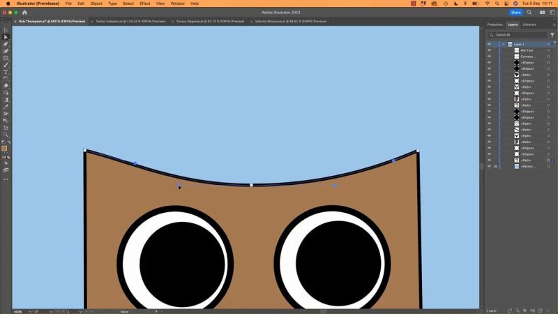 Close-up view in Adobe Illustrator showing the curved top edge between an owl's ears with active anchor points and blue Bézier direction handles selected above large stylized cartoon eyes